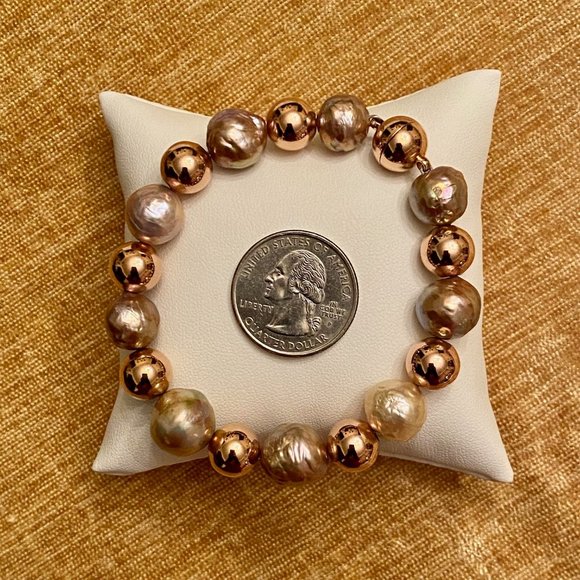 Radiant Honora Ming Pearl and Italian Rose Gold Bronze Bead Bracelet, 6.5" - Picture 8 of 13